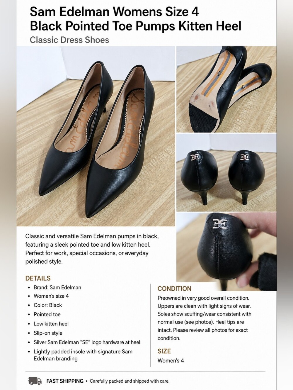 Sam Edelman Womens Size 4 Black Pointed Toe Pumps Kitten Heel Dress Shoes